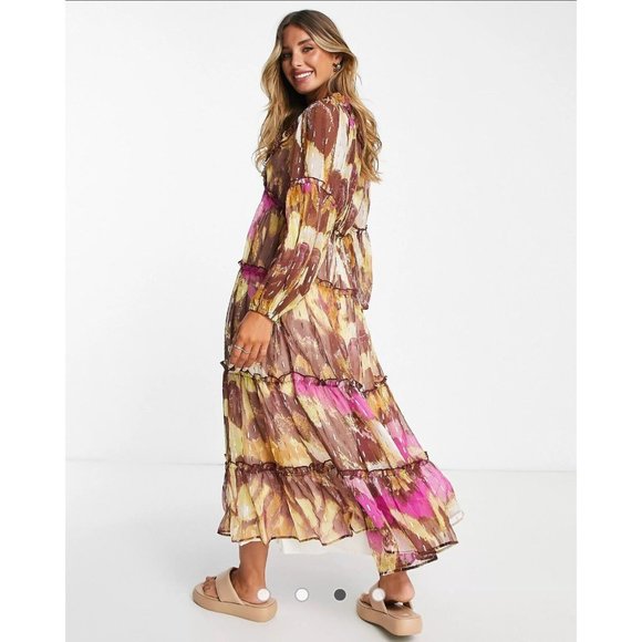 River Island Garden Party Gold Shimmer Pailettes Lined Midi Dress Size US 10 NWT - Picture 3 of 16